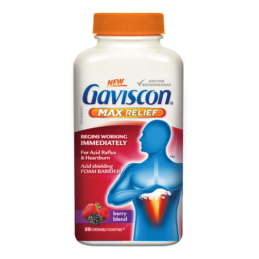 Gaviscon Max Relief Tablets - 50 Count - Chewable Foaming Antacid Tablets for Day and Night Heartburn Relief, Acid Reflux and GERD Relief, Berry Blend - Free of Aluminum, Lactose and Gluten