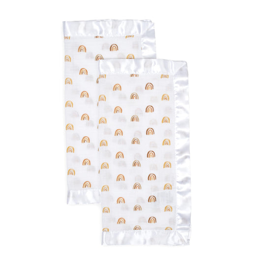 lulujo Baby Security Lovey Blankets| Unisex Softest Breathable Cotton Muslin Security Blanket with Silky Satin Trim| Neutral Comforting Blanket for Girls & Boys | 16in by 16 in| Rainbow