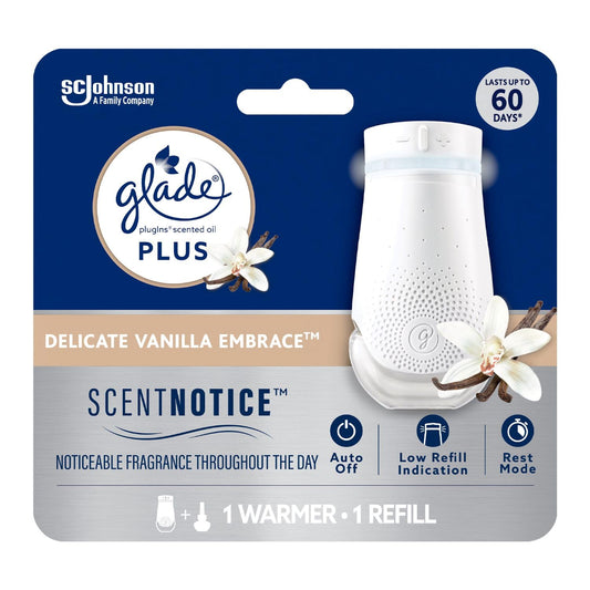 Glade PlugIns Air Freshener Plus Starter Kit, Scented and Essential Oils for Home and Bathroom, Delicate Vanilla Embrace, 1 Warmer and 1 Refill