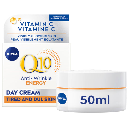 NIVEA Q10 Energy Anti-Wrinkle Day Face Cream, Anti Wrinkle Firming Cream with Q10, Vitamin C and E, Face Moisturizer for Tired Looking Skin, Visibly Reduces the Look of Wrinkles, 50mL