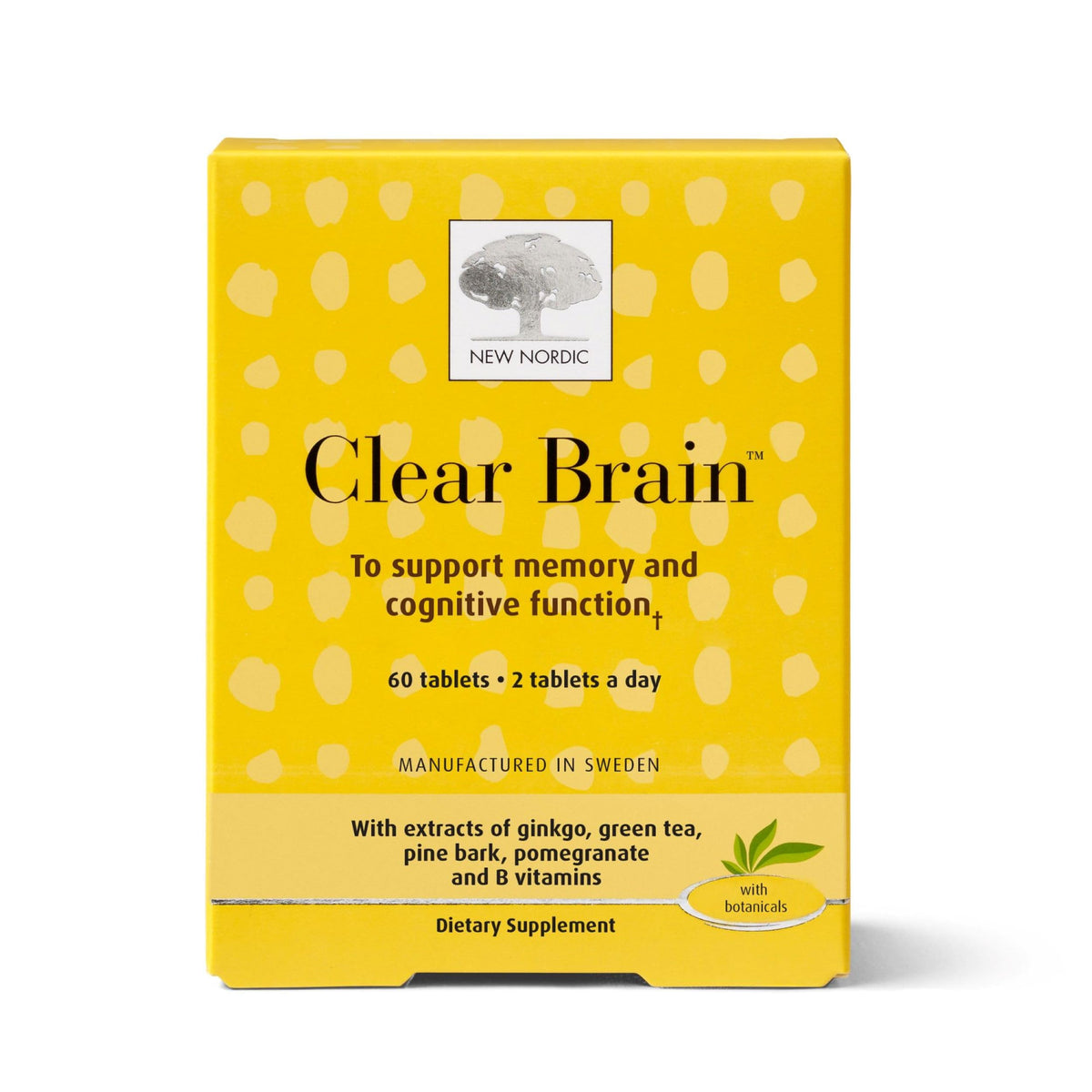 New Nordic Clear Brain Tablets - Vegan, Non-GMO Memory & Brain Health Supplement - Supports Increased Concentration - Made with Thiamine, Walnut, Gingko & Green Tea - 60 Tablets