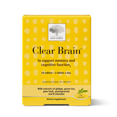 New Nordic Clear Brain Tablets - Vegan, Non-GMO Memory & Brain Health Supplement - Supports Increased Concentration - Made with Thiamine, Walnut, Gingko & Green Tea - 60 Tablets