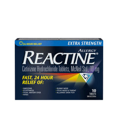 Reactine Extra Strength Antihistamine Tablets - 10mg Cetirizine Hydrochloride - 24 Hour Allergy Relief Medicine - 10 Count MADE IN CANADA