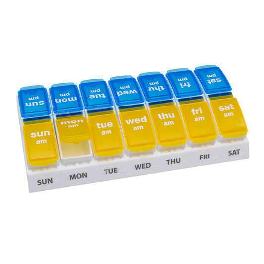 Ezy Dose Weekly AM/PM Pill Organizer, 7-Day Vitamin and Medication Box with Large Pop-Out Compartments, 2 Times a Day Pill Holder for Easy Dosing, Yellow and Blue Lids, Travel-Friendly Design