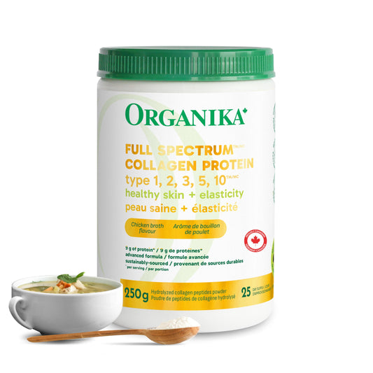 Organika Canadian-Made Full Spectrum Collagen - Type 1,2,3,5,10 - Complete Collagen Naturally Containing Hyaluronic Acid and Elastin for Healthier Hair, Skin and Joints Mild Chicken Broth Flavour 250g