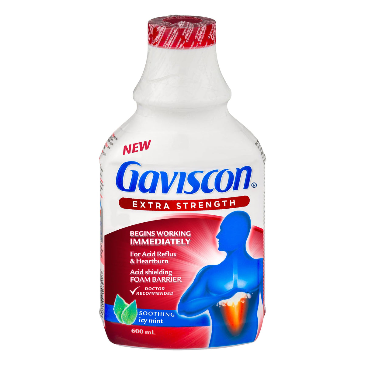 Gaviscon Liquid Extra Strength Antacid - 600 ml - Antacid Liquid for Day and Night Heartburn Relief, Acid Reflux and GERD Relief, Icy Mint- Free of Aluminum, Lactose and Gluten