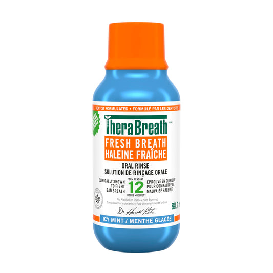 TheraBreath Fresh Breath Oral Rinse, Travel Size, Clinically Shown to Fight Bad Breath for 12 Hours. Alcohol-Free & Dye-Free Mouthwash, Certified Vegan, Halal, Kosher & Gluten-Free. Icy Mint, 88.7ml Pack of 1