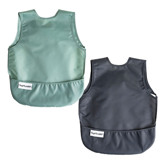 Tiny Twinkle Mess-Proof Apron Toddler Bibs w/Tug-Proof Closure, Baby Food Bibs, 2 Pack Sage, Charcoal 2-4Y