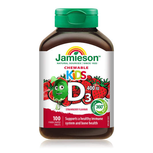 Jamieson Kids Chewable Vitamin D3 400 IU Strawberry Flavour, Supports Healthy Bone and Teeth Development, and Helps Immune Health. Vegetarian, Gluten-Free, No Artificial Colours, Flavours, or Preservatives, 100 Count