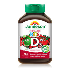 Jamieson Kids Chewable Vitamin D3 400 IU Strawberry Flavour, Supports Healthy Bone and Teeth Development, and Helps Immune Health. Vegetarian, Gluten-Free, No Artificial Colours, Flavours, or Preservatives, 100 Count