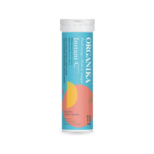 Organika Instant-C Effervescent- Peach Mango, 1000mg Vitamin C, Immune Support Tablets, 1 Tube x 10 Tablets