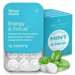 NeuroGum Energy & Focus Mints (72 Count-6 Pack, Peppermint) | 40mg Natural Caffeine + L-Theanine + Vitamin B12 & B6 | Sugar Free Nootropic Cognitive Brain Performance Supplement