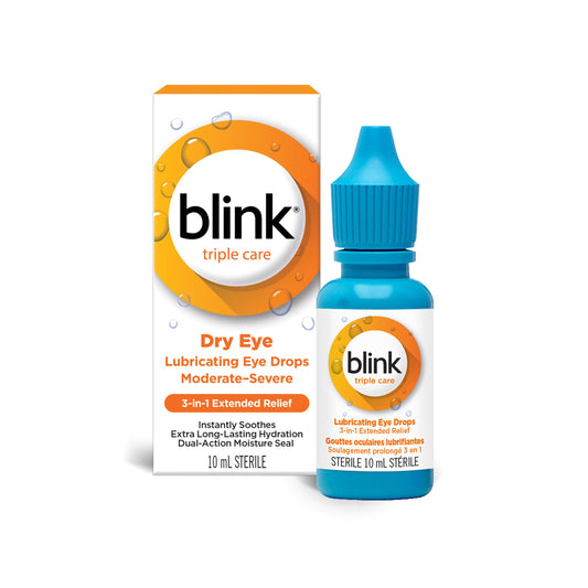 Blink Triple Care Eye Drops for Dry Eyes, Lubricant Eye Drops for Moderate to Severe Dry Eyes, 3-in-1 Extended Relief, Instantly Soothes, Locks in Moisture, and Provides Extra Long-Lasting Hydration, 10 mL