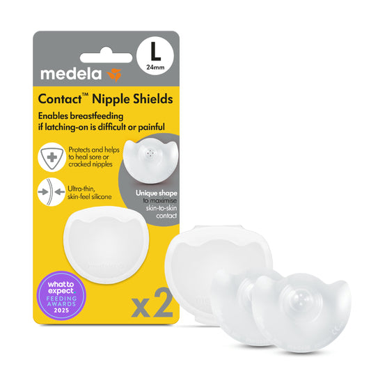 Medela Contact Nipple Shields for Breastfeeding, 24 mm, Food Grade Silicone, Designed to Protect Cracked or Sore Nipples and Support with Latch-On, Made Without BPA, Pack of 2