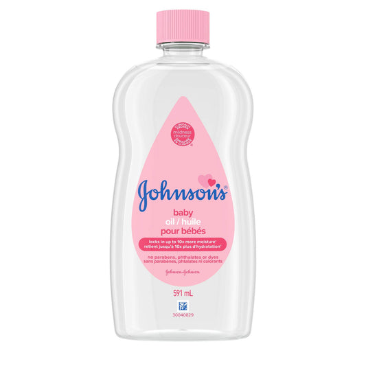 Johnson's Baby Oil Moisturizer & Massage Oil for Skincare, Hypoallergenic Formula for Delicate Skin, Locks in Moisture, Dermatologist Tested, Mineral Oil, 591 mL