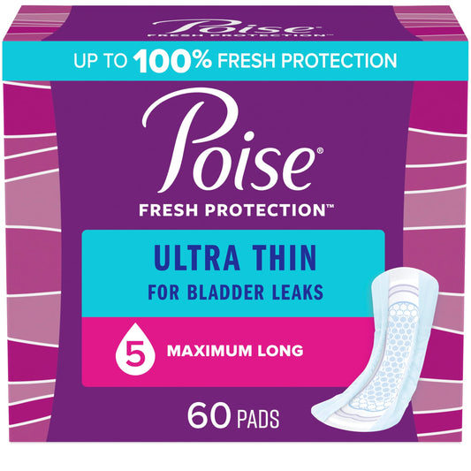 Poise Ultra Thin Incontinence Pads & Postpartum Incontinence Pads, 5 Drop Maximum Absorbency, Long Length, 60 Count