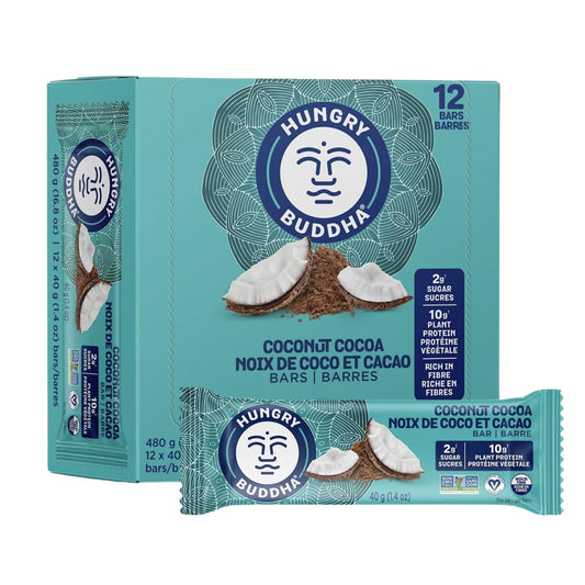 HUNGRY BUDDHA Plant-Based Protein Bars, Low Sugar, High Protein Energy Snack, Dairy-Free & Peanut-Free, Pack of 12, Coconut Cocoa