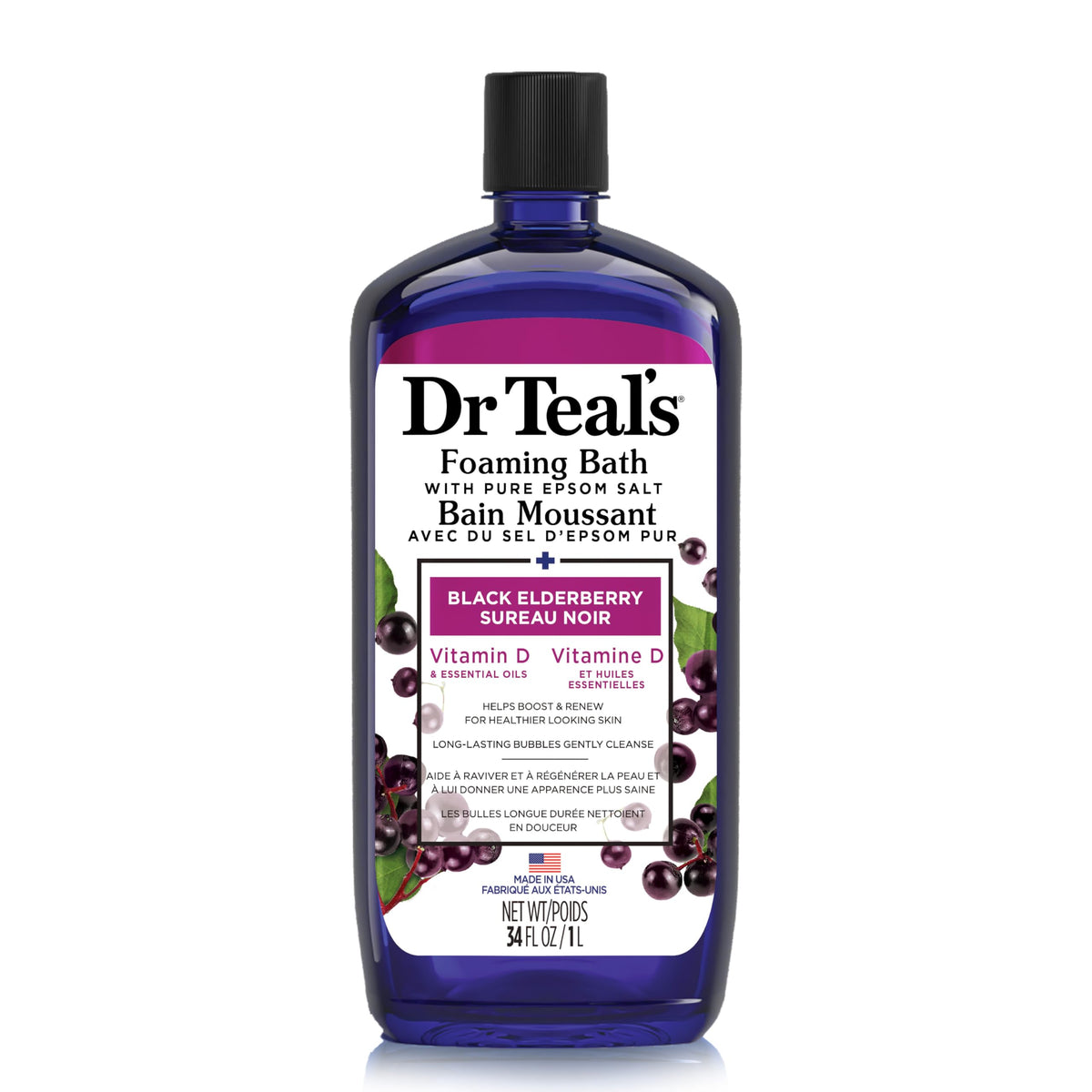 Dr Teal's Foaming Bath with Pure Epsom Salt, Black Elderberry with Vitamin D and Essential Oils, 34 fl oz (Packaging May Vary)