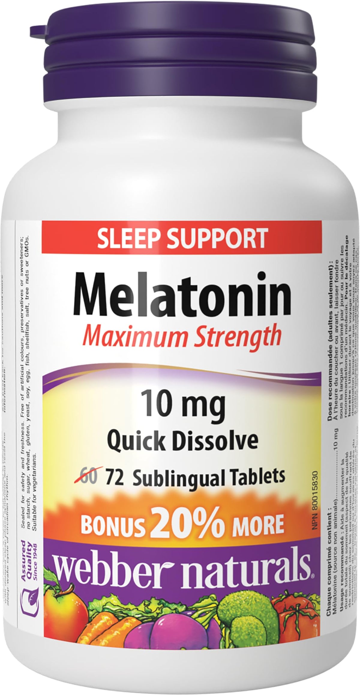 Webber Naturals Melatonin 10 mg, Maximum Strength, 72 Quick Dissolve Tablets, For Sleep Support