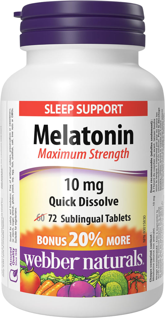 Webber Naturals Melatonin 10 mg, Maximum Strength, 72 Quick Dissolve Tablets, For Sleep Support