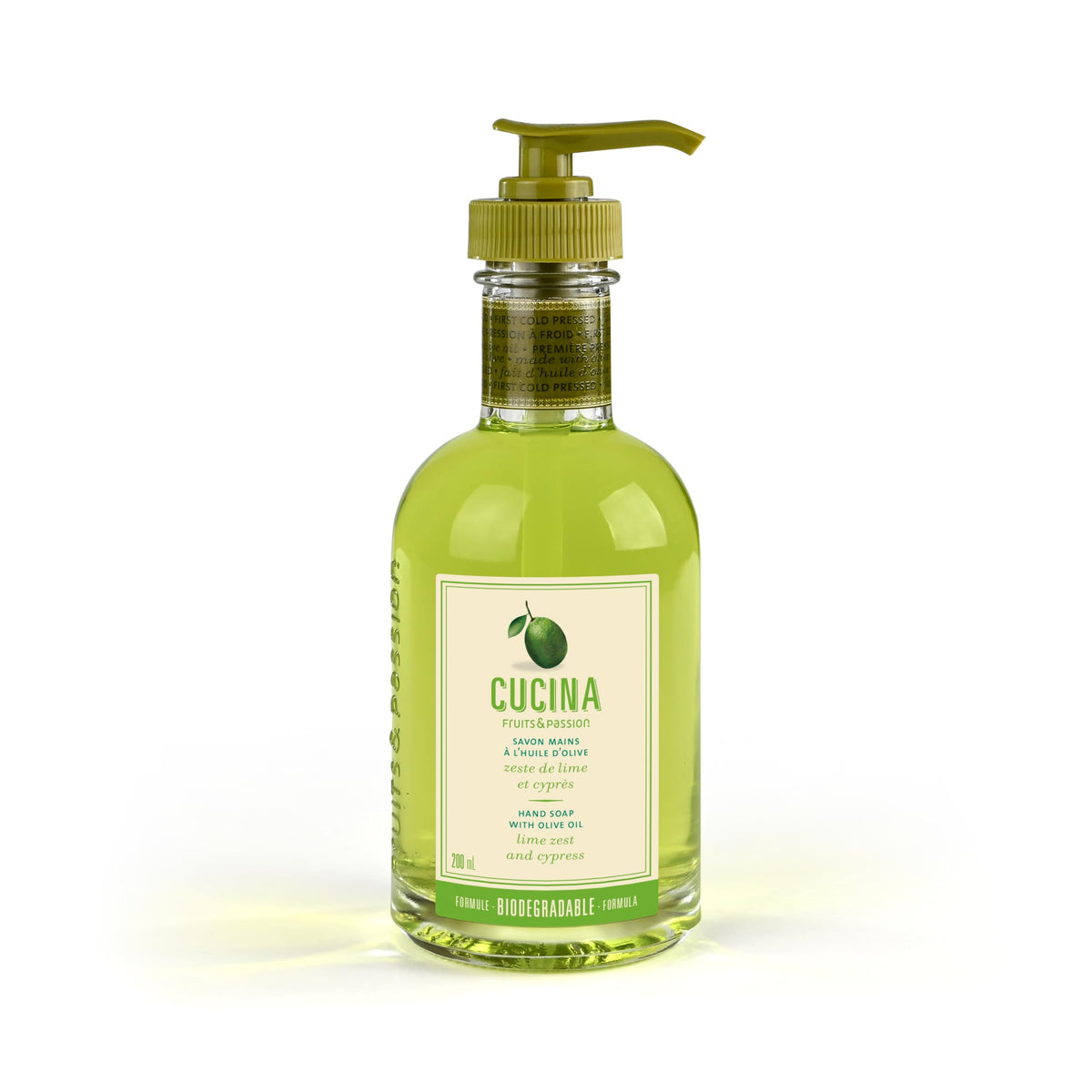 Cucina Hand Soap with Olive Oil, Lime Zest and Cypress, Biodegradable Formula, Refillable Glass Bottle, 200 ml, Fruits and Passion