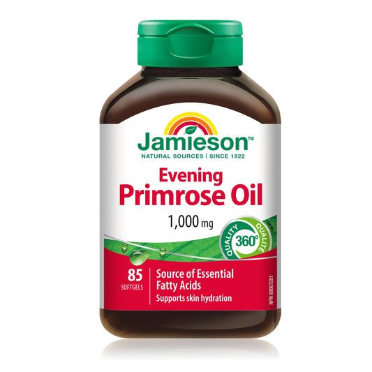 Jamieson Evening Primrose Oil 1,000 mg, Omega-6, Supports Skin Hydration, Skin Smoothness, Reduces Acne Symptoms, and Provides Ezcema Symptom Support. Non-GMO, Gluten-Free, 85 Softgels, Proudly Canadian