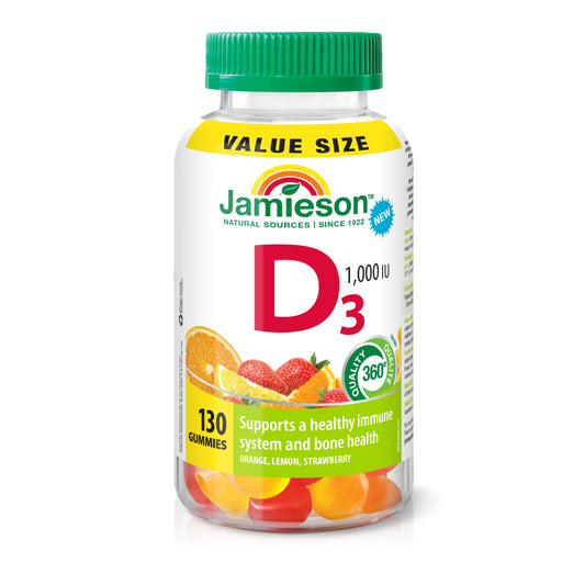 Jamieson Vitamin D3 1,000 IU Gummies, Orange, Lemon, and Strawberry Flavours, Supports Immune Health, Strong Bones and Teeth. Vegetarian, Non-GMO, Gluten-Free, No Artificial Flavours or Colours, 130 Count Proudly Canadian