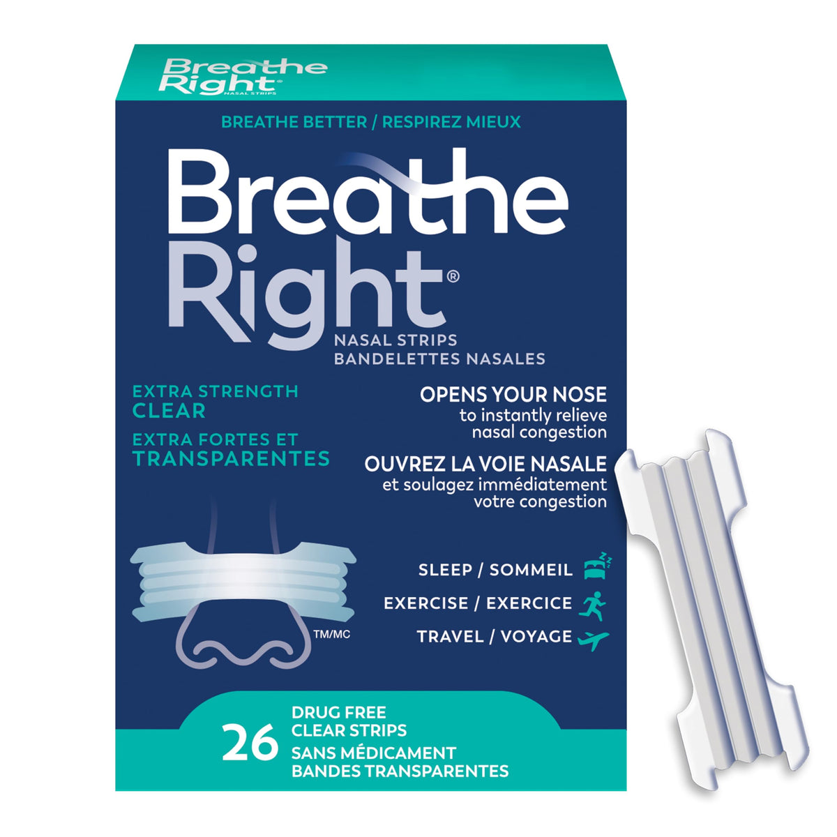 Breathe Right Nasal Strips, Extra Strength, Clear, Sensitive Skin, Drug-Free Snoring Solution & Nasal Congestion Relief Caused by Colds & Allergies, Nightly Sleep, 26 Count