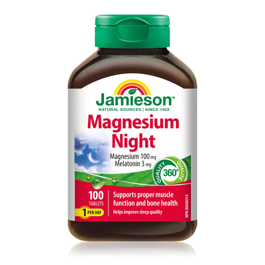 Jamieson Magnesium Night Tablets, with 100 mg Magnesium, and 3 mg Melatonin, High Absorption, Helps Improve Sleep Quality, Supports Bone Health and Muscle Function. One Per Day, Vegetarian, Non-GMO, Gluten-Free, 100 Count, Proudly Canadian