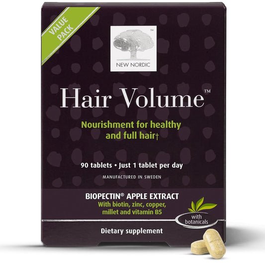 New Nordic Hair Volume, 90 Tablets 90-Day Supply Daily Plant-Based Biotin & Apple Extract for Hair Support, Skin & Nails Health, Made in Sweden