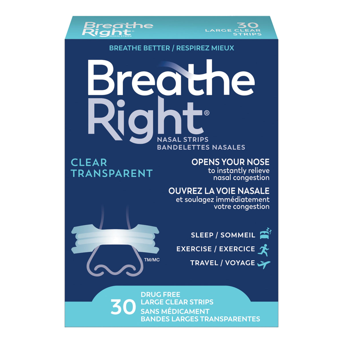 Breathe Right Nasal Strips, Original Large, Clear, Sensitive Skin, Drug-Free Snoring Solution & Nasal Congestion Relief Caused by Colds & Allergies, Nightly Sleep, 30 Count