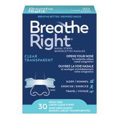 Breathe Right Nasal Strips, Original Large, Clear, Sensitive Skin, Drug-Free Snoring Solution & Nasal Congestion Relief Caused by Colds & Allergies, Nightly Sleep, 30 Count