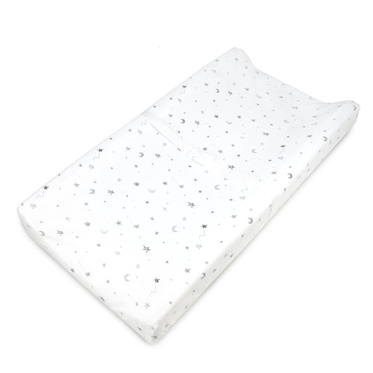 TL Care Printed 100% Cotton Jersey Knit Fitted Contoured Changing Table Pad Cover, Grey Stars and Moon