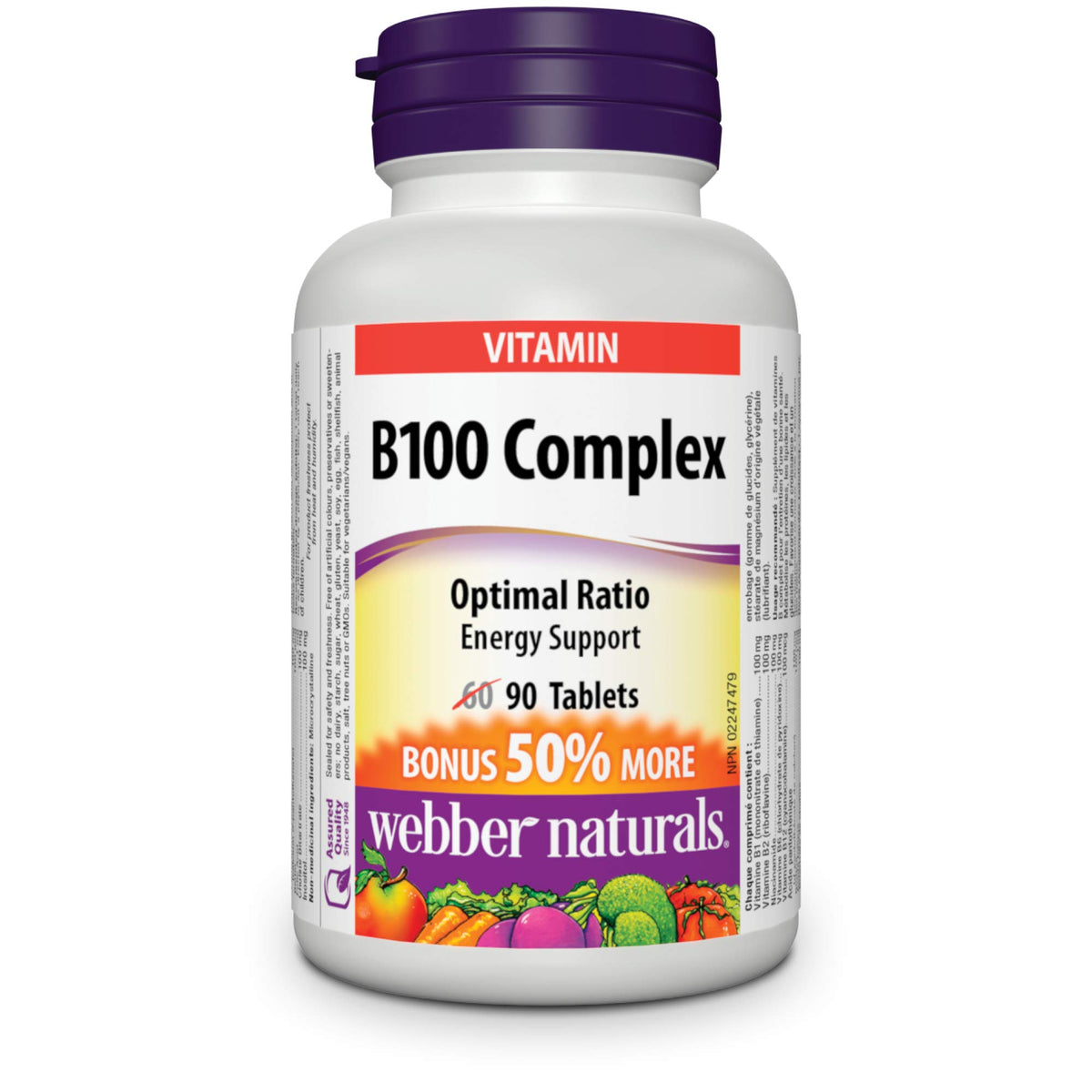 Webber Naturals Vitamin B100 Complex, 90 Tablets, Supports Energy Production and Metabolism, Vegan