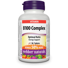 Webber Naturals Vitamin B100 Complex, 90 Tablets, Supports Energy Production and Metabolism, Vegan
