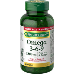 Nature's Bounty Omega 3 6 9 Fish Oil 1200mg Pills, Supplement, Helps Support Cognitive Health and Brain Function, 200 Softgels