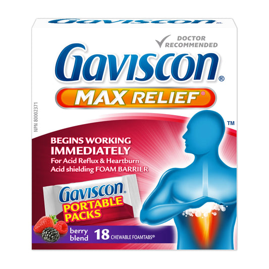Gaviscon Max Relief Portable Tablets - 18 Count - Chewable Foaming Antacid Tablets for Day and Night Heartburn Relief, Acid Reflux and GERD Relief, Berry Blend - Free of Aluminum, Lactose and Gluten