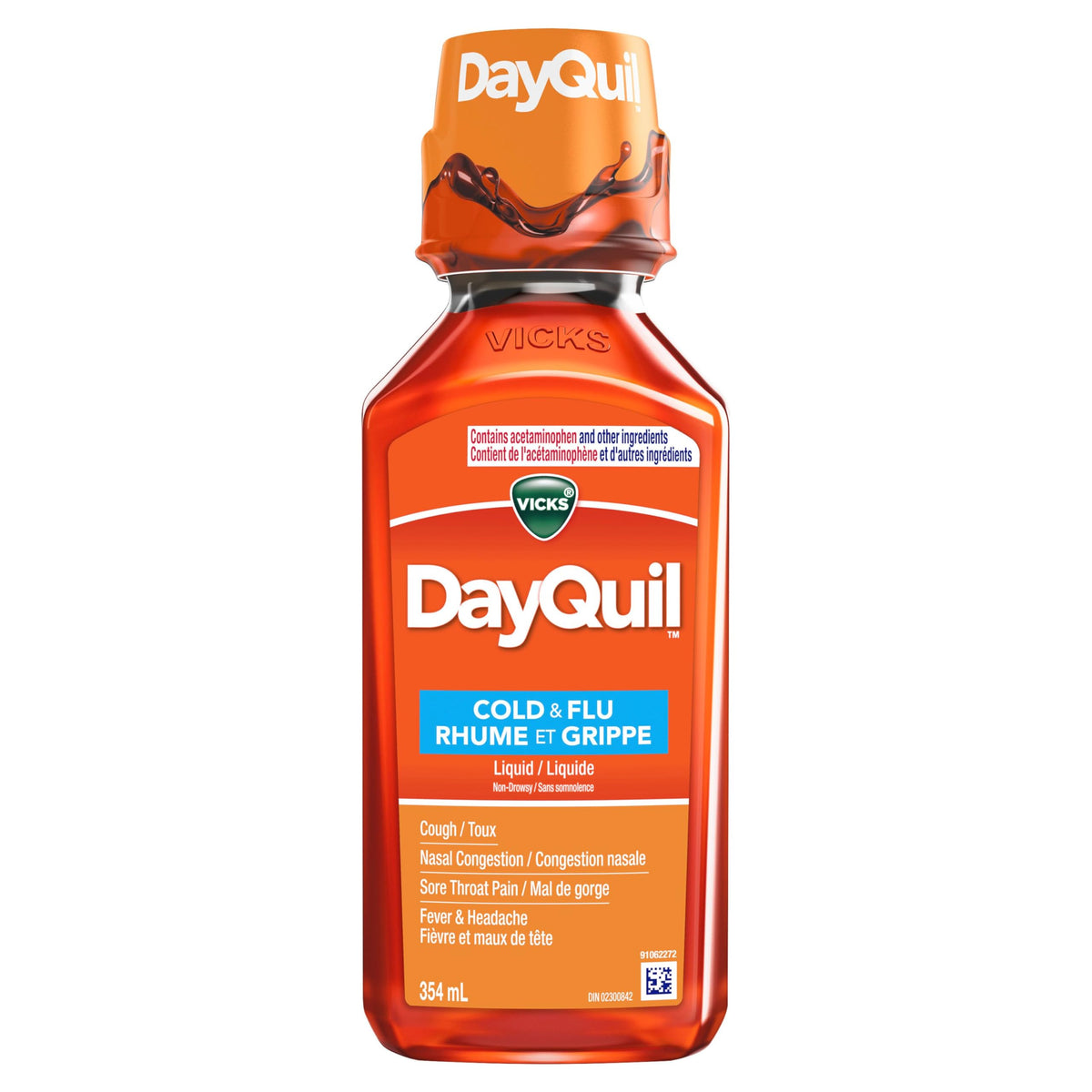 Vicks DayQuil Cold and Flu Medicine, Cough Suppressant, Nasal Decongestant, Pain Reliever, Fever Reducer, Non-Drowsy Formula, 354ml