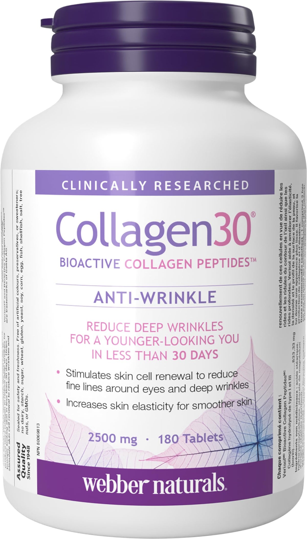 Webber Naturals Collagen30 Anti-Wrinkle, 2500 mg of Bioactive Collagen Peptides Per Serving, 180 Tablets, Helps Reduce Deep Wrinkles, Fine Lines & Stimulates Skin Cells