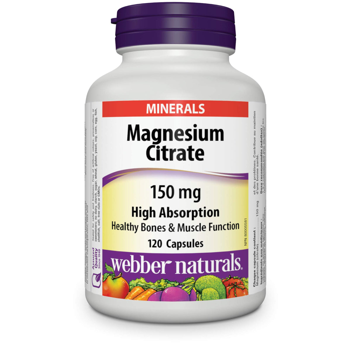 Webber Naturals Magnesium Citrate 150 mg, 120 Capsules, High Absorption Mineral, Supports Bone and Muscle Functions