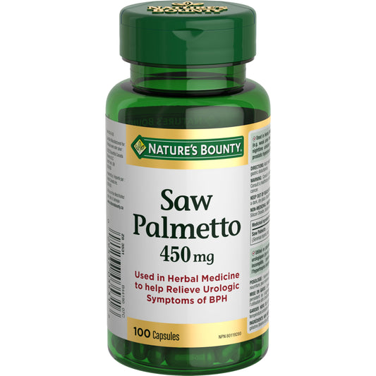 NATURE'S BOUNTY Saw Palmetto, 450 mg, Used in Herbal Medicine to Help Relieve Urologic Symptoms Of Mild To Moderate BPH Like Weak Urine Flow, Incomplete Voiding, And Frequent Urination, Capsules, 54.6 g