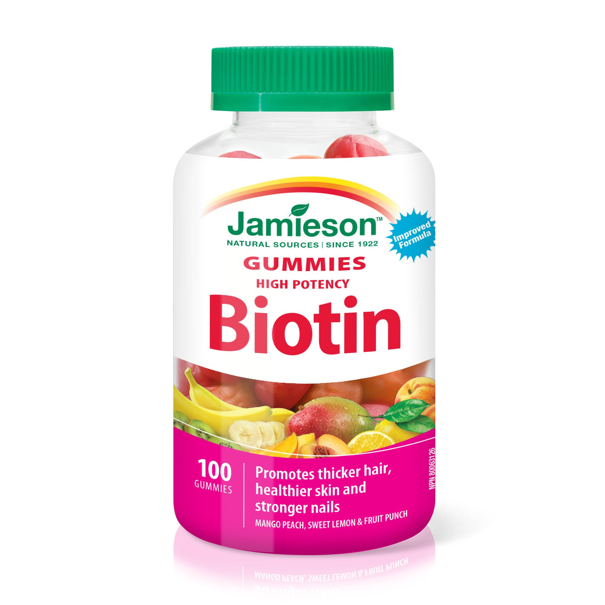 Jamieson High Potency Biotin Gummies with Vitamin C and E, Mixed Flavours, Supports Thicker Hair, Healthier Skin and Stronger Nails. Vegetarian, Gelatin-Free, Gluten-Free, No Artificial Flavours, Colours, or Preservatives, 100 Count
