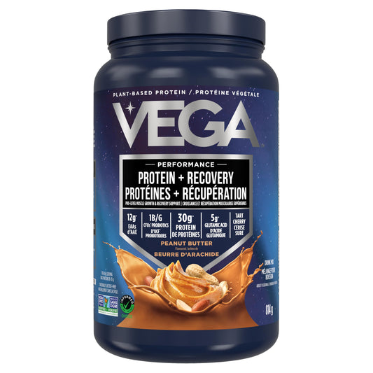 Vega Sport Vegan Protein Powder + Recovery - 30g Plant Based Protein per Serving, Peanut Butter, 19 Servings, 5g BCAAs, Probiotics, NSF Certified, For Shakes & Smoothies, 814g (Packaging May Vary)