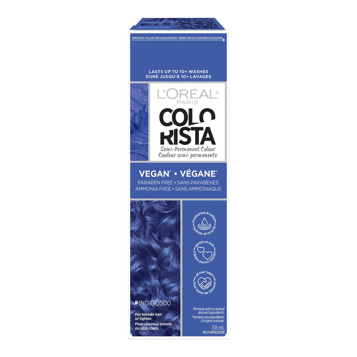 L'Oreal Paris Colorista Semi Permanent Hair Color for Bleached or Blonde Hair, 500 Indigo, Color Depositing Hair Mask Formula, 1 EA (Packaging May Vary)