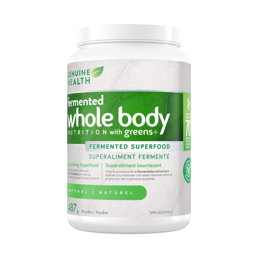 Genuine Health Greens+ Fermented Whole Body Nutrition, 30 servings, 487g tub, Fermented superfoods to conveniently nourish and energize your body, Natural unflavoured powder, Dairy and gluten-free