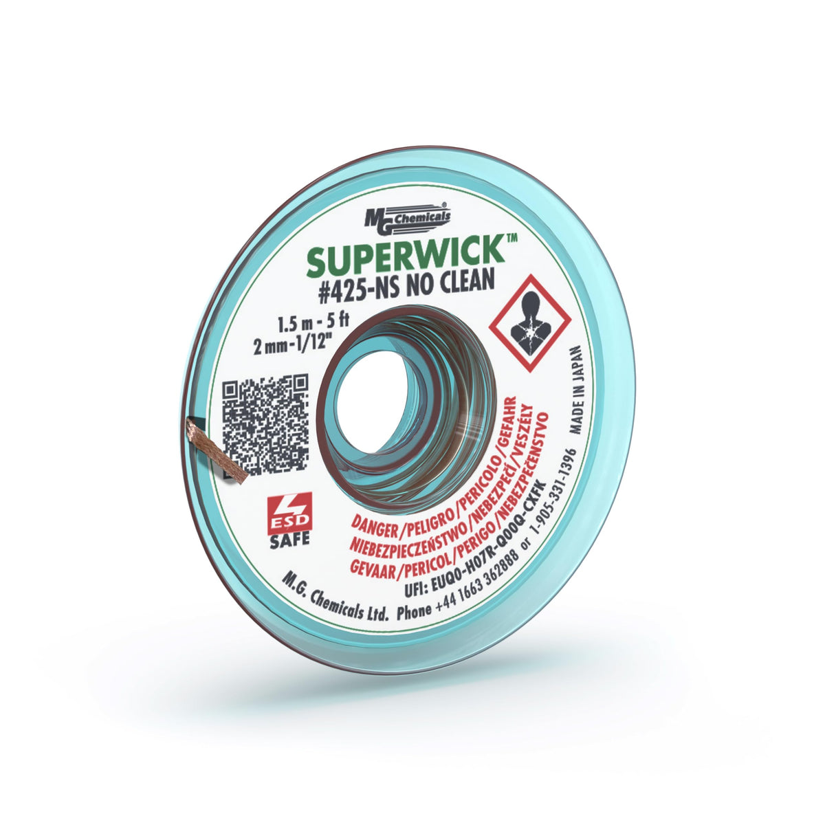 MG Chemicals 400-NS Series #3 No Clean Super Wick Desoldering Braid, 0.075" Width x 5' Length, Green (425-NS)