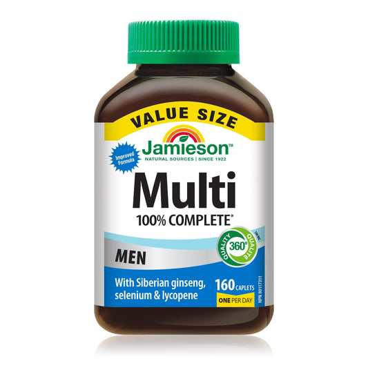 Jamieson 100% Complete Multivitamin for Men, with Siberian Ginseng, Lycopene and Selenium. Supports Eye Health, Energy, Immunity, and Everyday Health, Gluten-Free, One Per Day, 160 Caplets