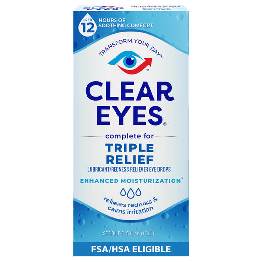 Clear Eyes Triple Relief Eye Drops for Redness, Irritation and Dry Eyes, 12 Hours of Soothing Comfort, 0.5 Fl Oz