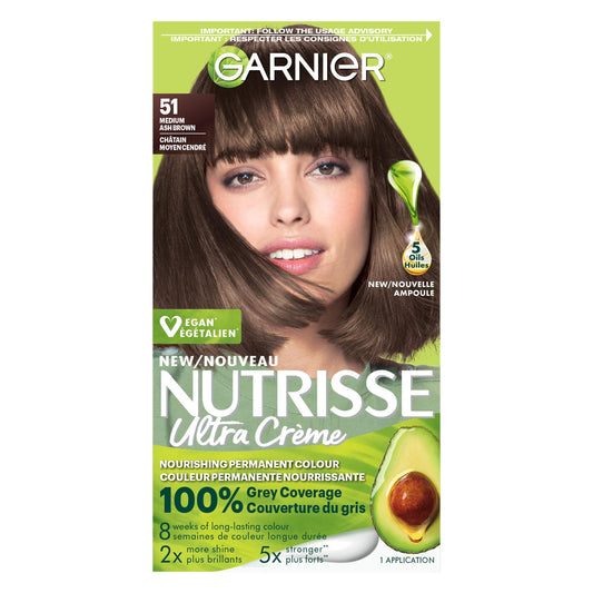 Garnier Nutrisse Ultra Crème, Permanent Hair Dye, 100% Grey Coverage, Vegan Formula, Nourished Hair, Long-Lasting Rich Colour, 51 Medium Ash Brown, 1 Application, Packaging May Vary