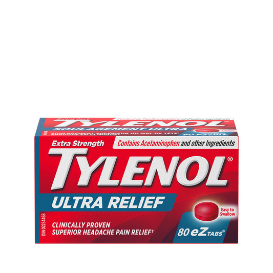 Tylenol Ultra Relief eZTABS with 500 mg Acetaminophen plus 65 mg caffeine for Migraine Pain Relief, 80 Tablets